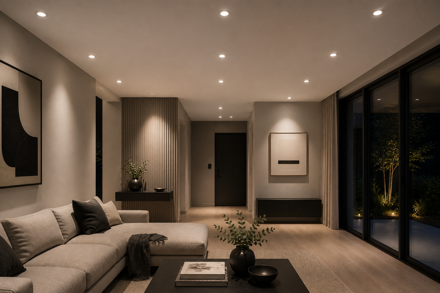 Moderner Wohnraum mit energieeffizienten Deckeneinbauleuchten und gleichmässiger indirekter Beleuchtung bei Nacht.